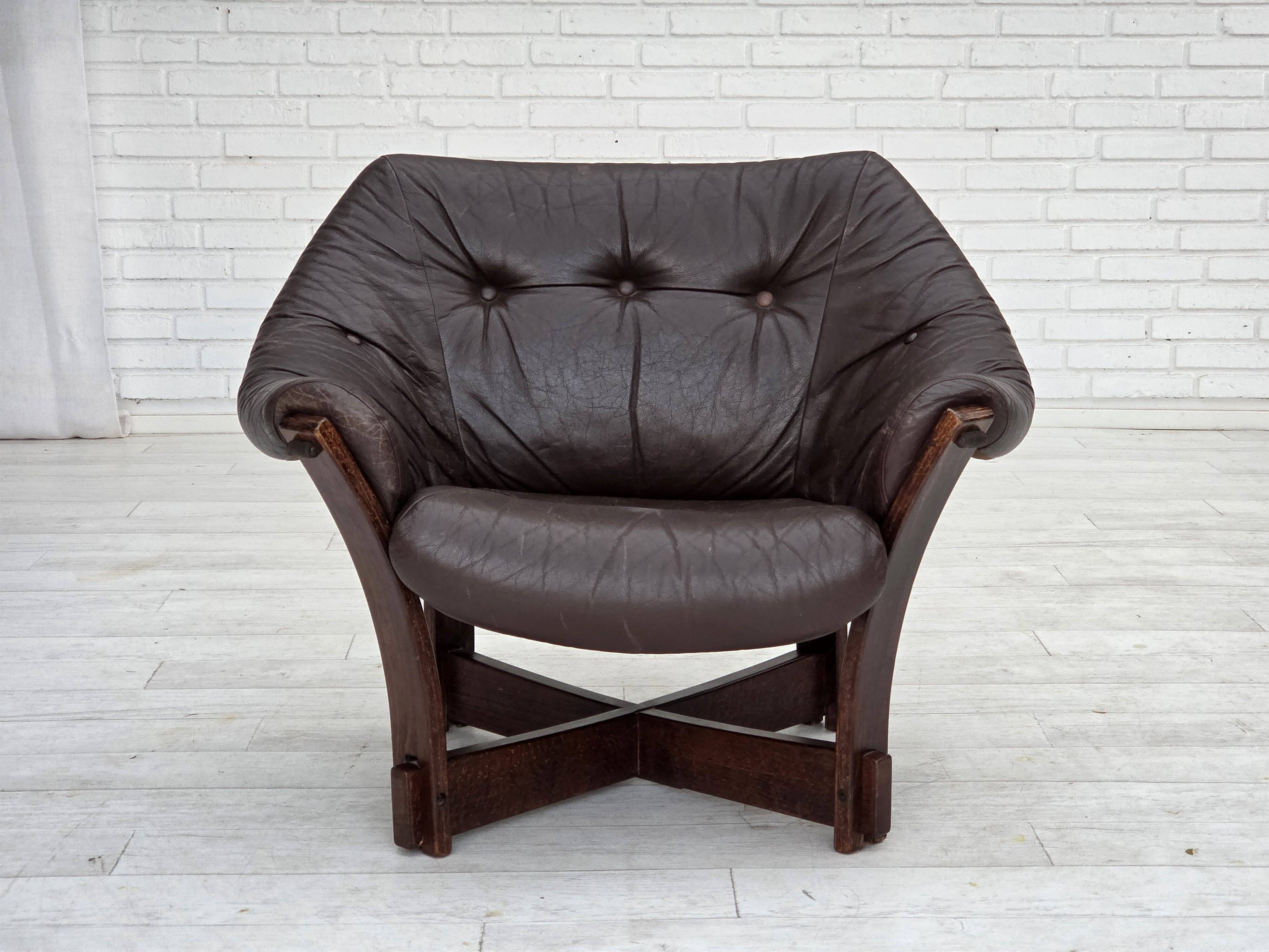 1970s, Scandinavian lounge chair, furniture leather, oak wood.