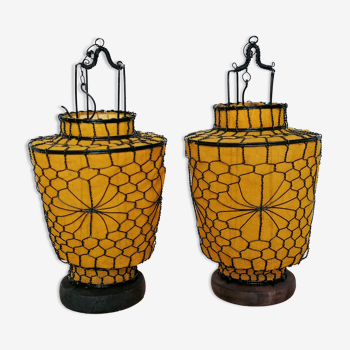Duo of fabric and wire lanterns