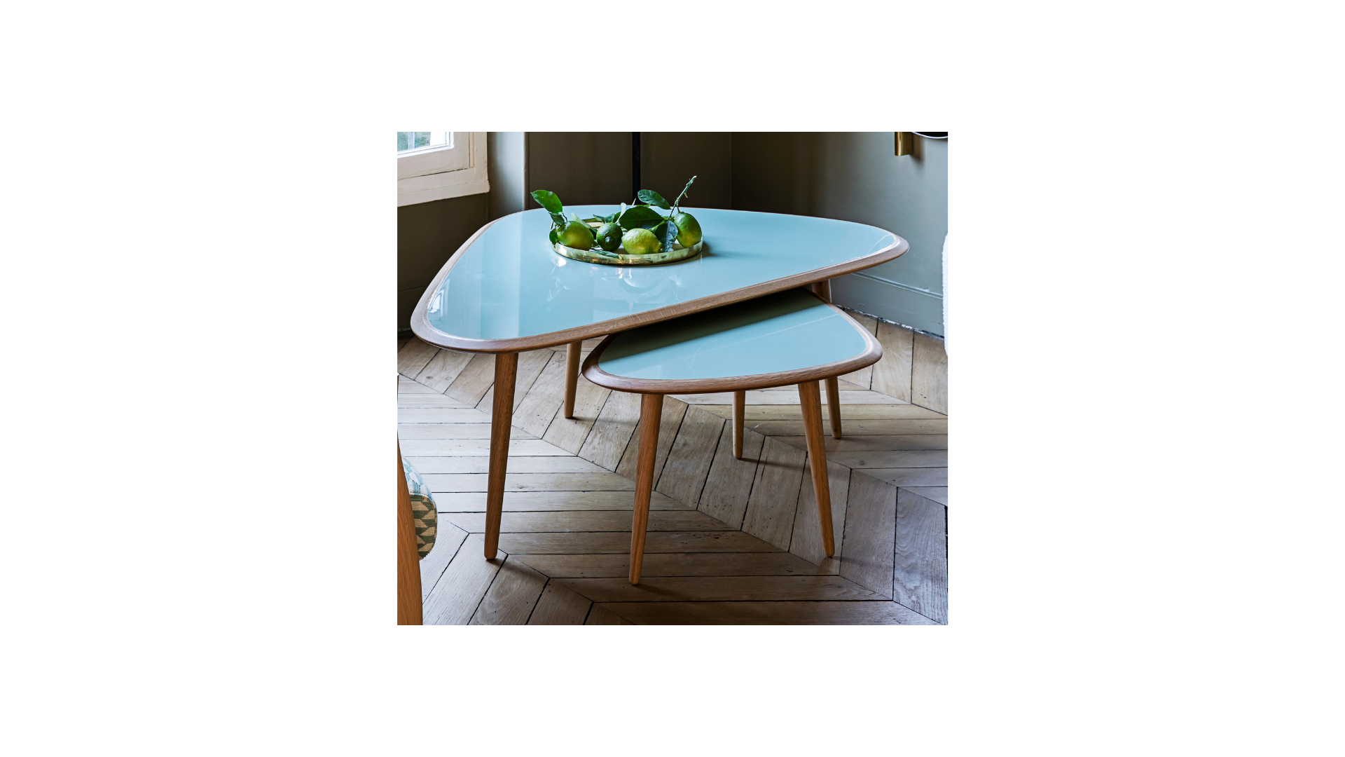 Coffee table 50s, oak - top in lacquer mineral green