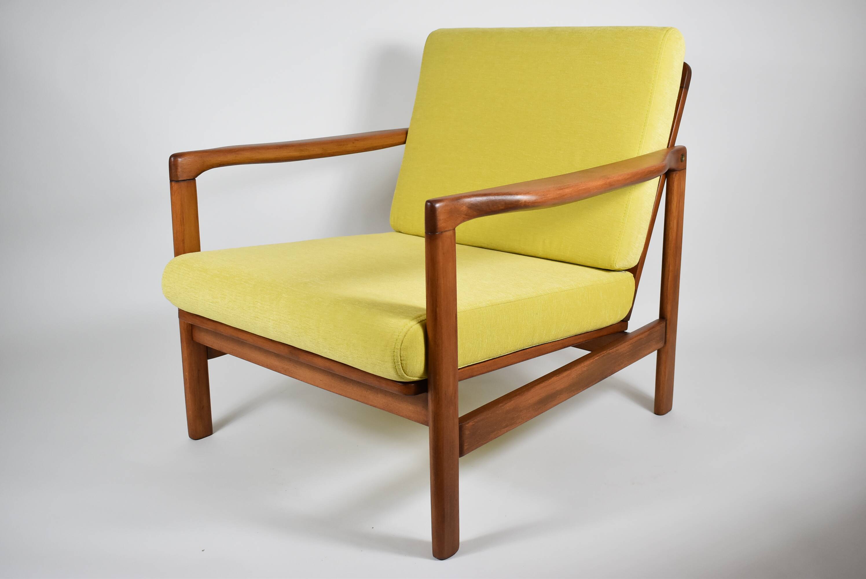 Scandinavian restored armchair, original 60s icon, yellow, teak