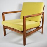 Scandinavian restored armchair, original 60s icon, yellow, teak