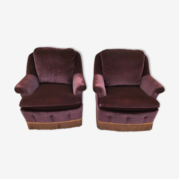 Paire de fauteuils des 70s en velours aubergine