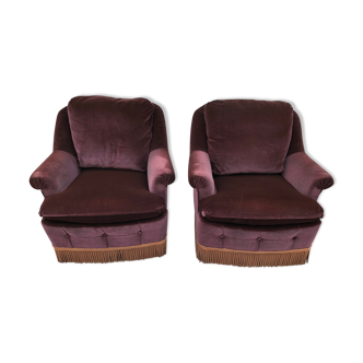 Pair of 70s armchairs in eggplant velvet