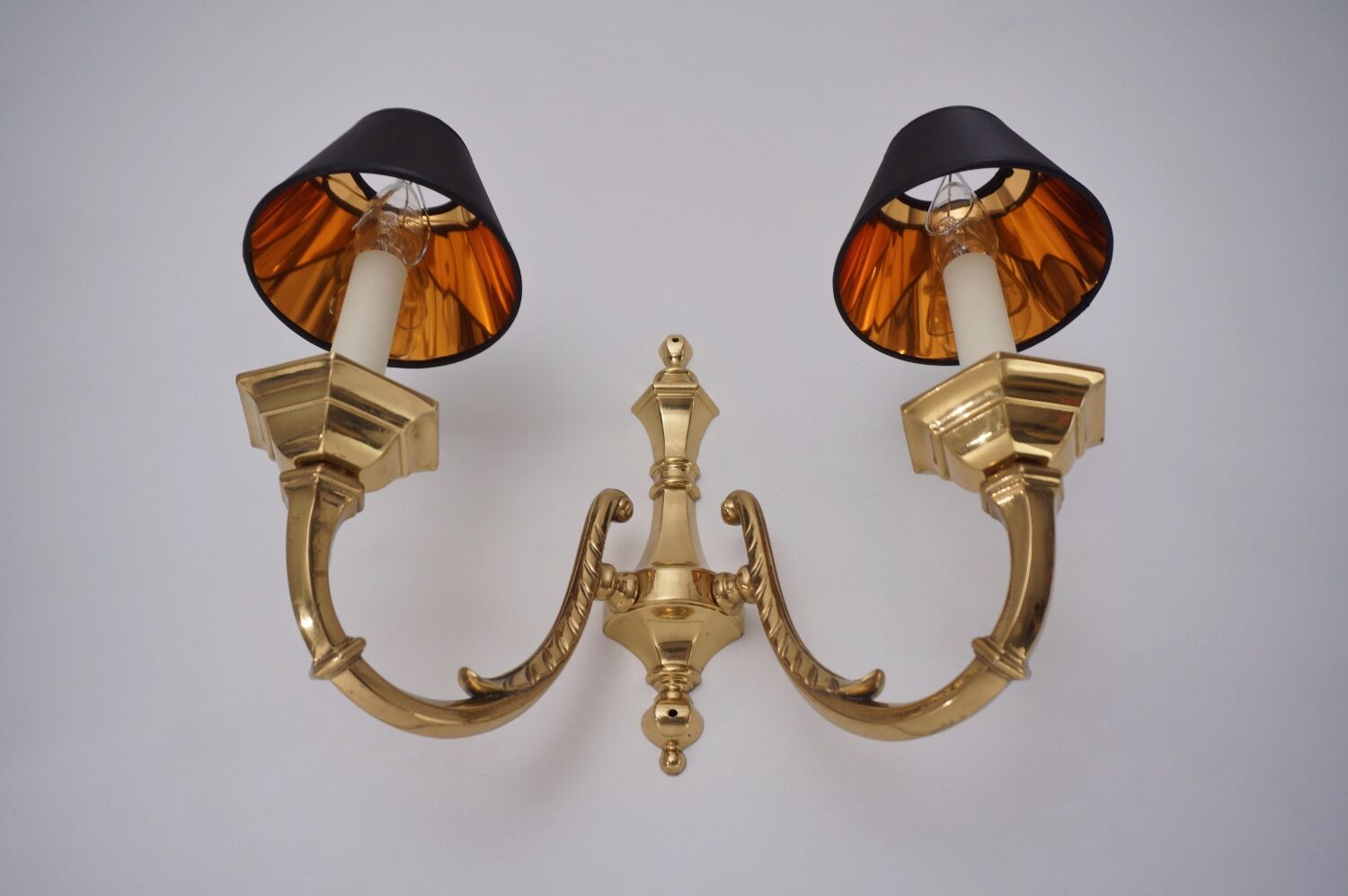 Pair brass wall lights sconces, twin arm, Neoclassical, 1950`s ca, English