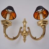 Pair brass wall lights sconces, twin arm, Neoclassical, 1950`s ca, English