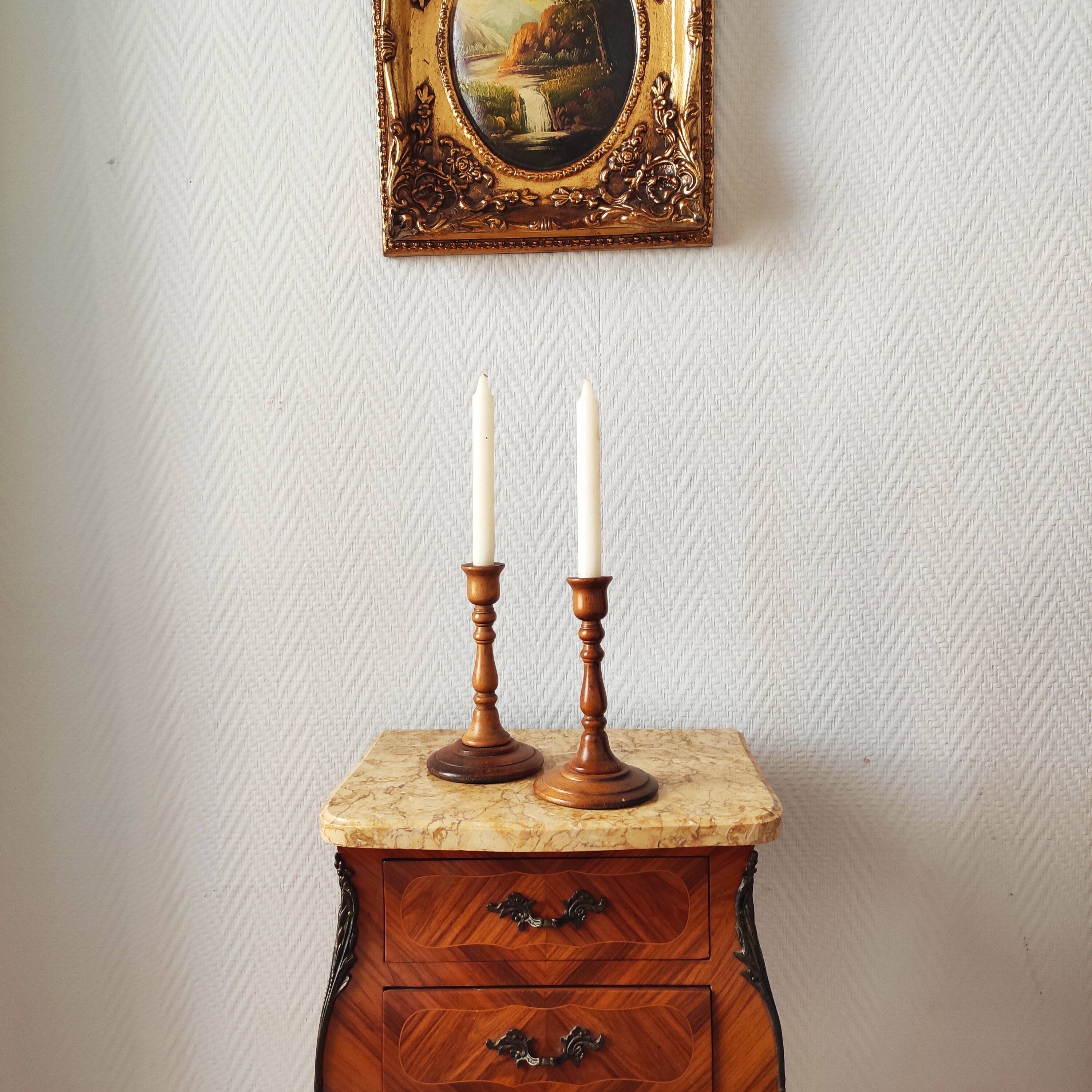 Pair of vintage turned wooden candlesticks