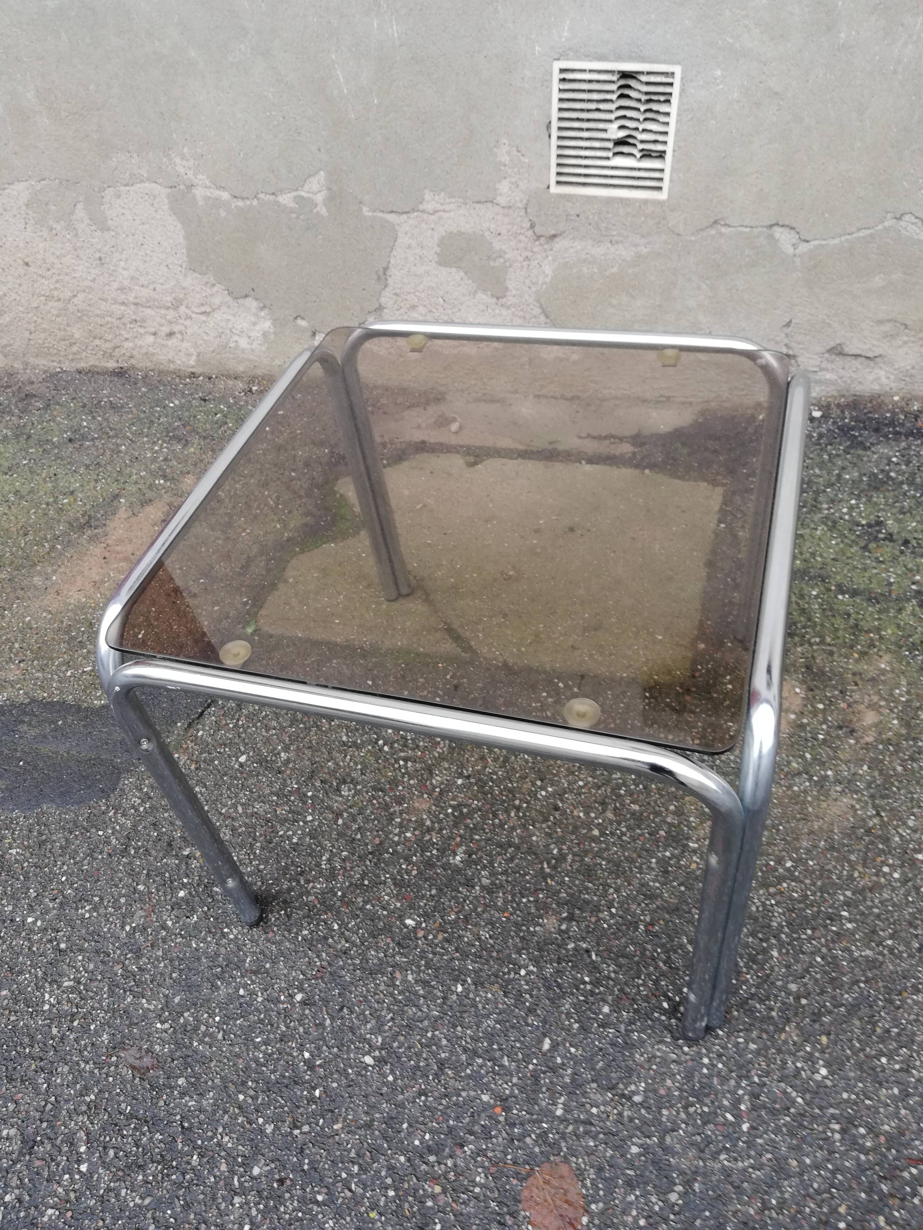 Table basse vintage chrome et verre fumé marron