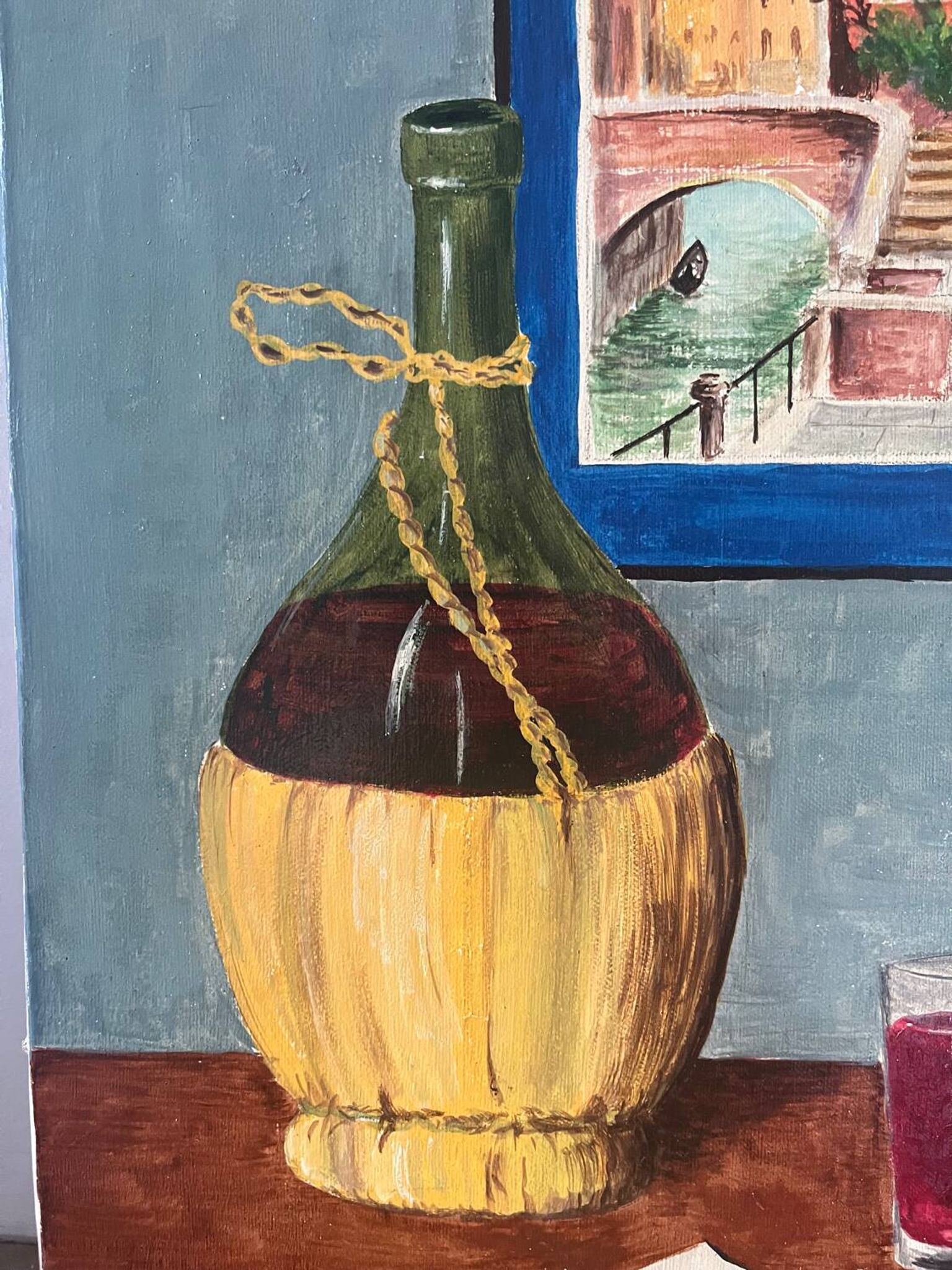 Still life with wine and painting, signed