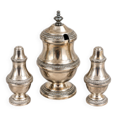 Salt/pepper/mustard set in Louis XVI style, silver-plated metal.