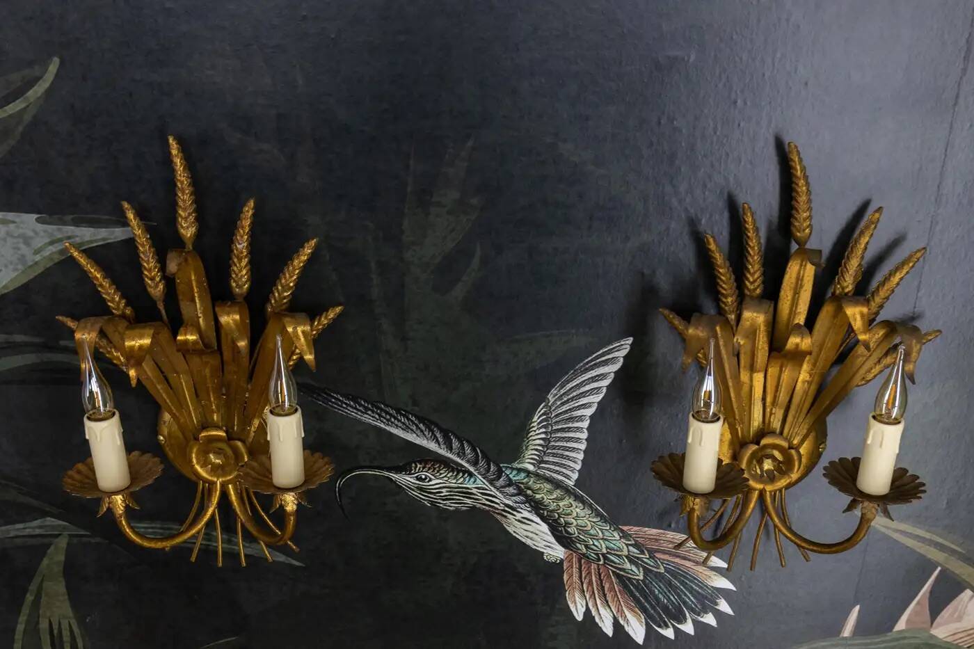 Pair of Hollywood Regency Style Gilt Metal Wheat Sheaf Wall Sconces, 1970s