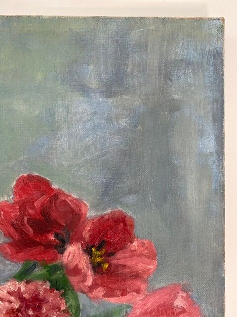 Ancient painting, still life in vase, flower pot and pitcher, signed, 20th century