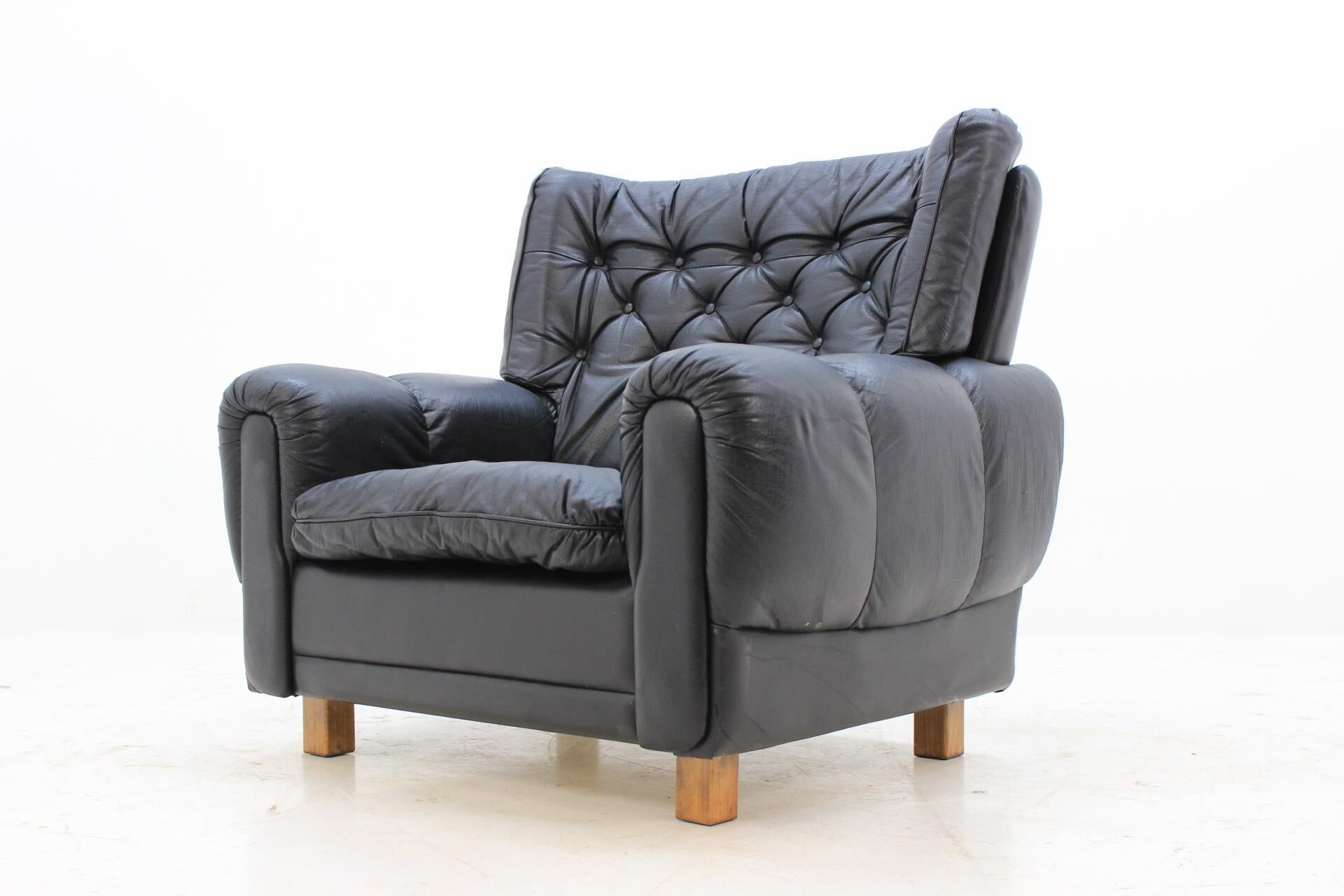 Set of Midcentury Black Leather Armchairs, 1970s