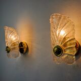 Pair of frosted leaf sconces, murano glass, italy, 1970