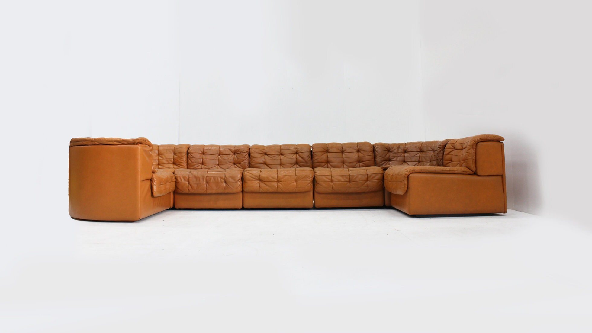 Canapé modulaire Vintage De Sede DS 11 en cuir patchwork cognac, ensemble de 7 pièces