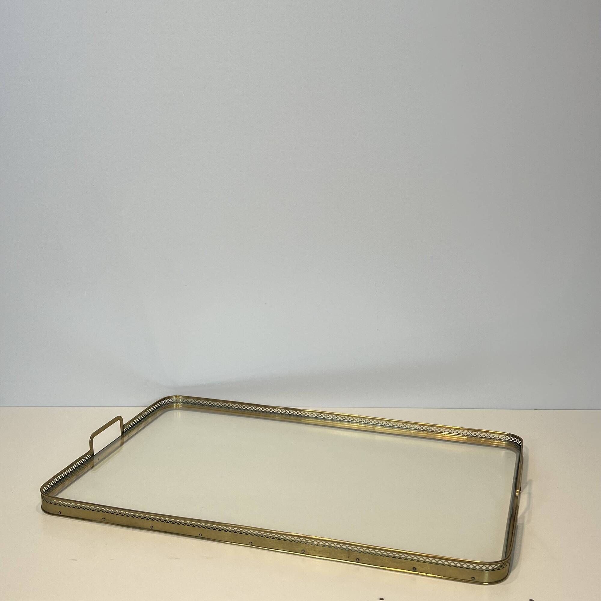 Rectangular Service Tray with Openwork Gallery in Brass. French Work