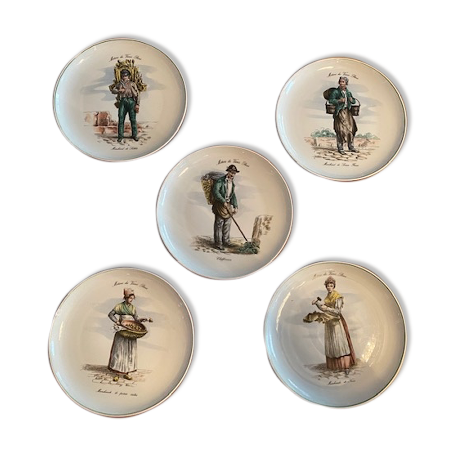 5 Dessert plates "The trades of Old Paris"