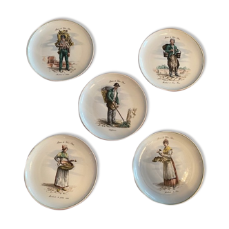 5 Dessert plates "The trades of Old Paris"