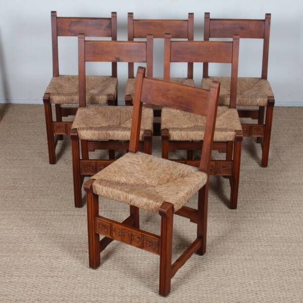 Ensemble de 6 chaises paillées en bois, travail français, 1950