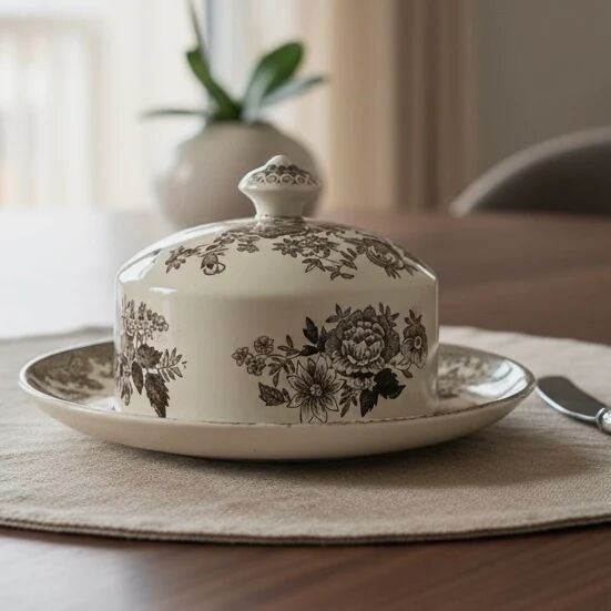 Beurrier en céramique blanc et marron avec des faisans Wedgwood