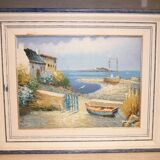 Huile sur toile d’un bateau sur l’estran signée Yann 55X45