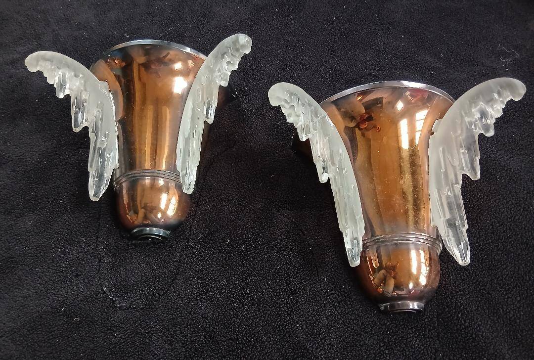 Exceptional pair of art deco wall lights by ezan france & copper metal
