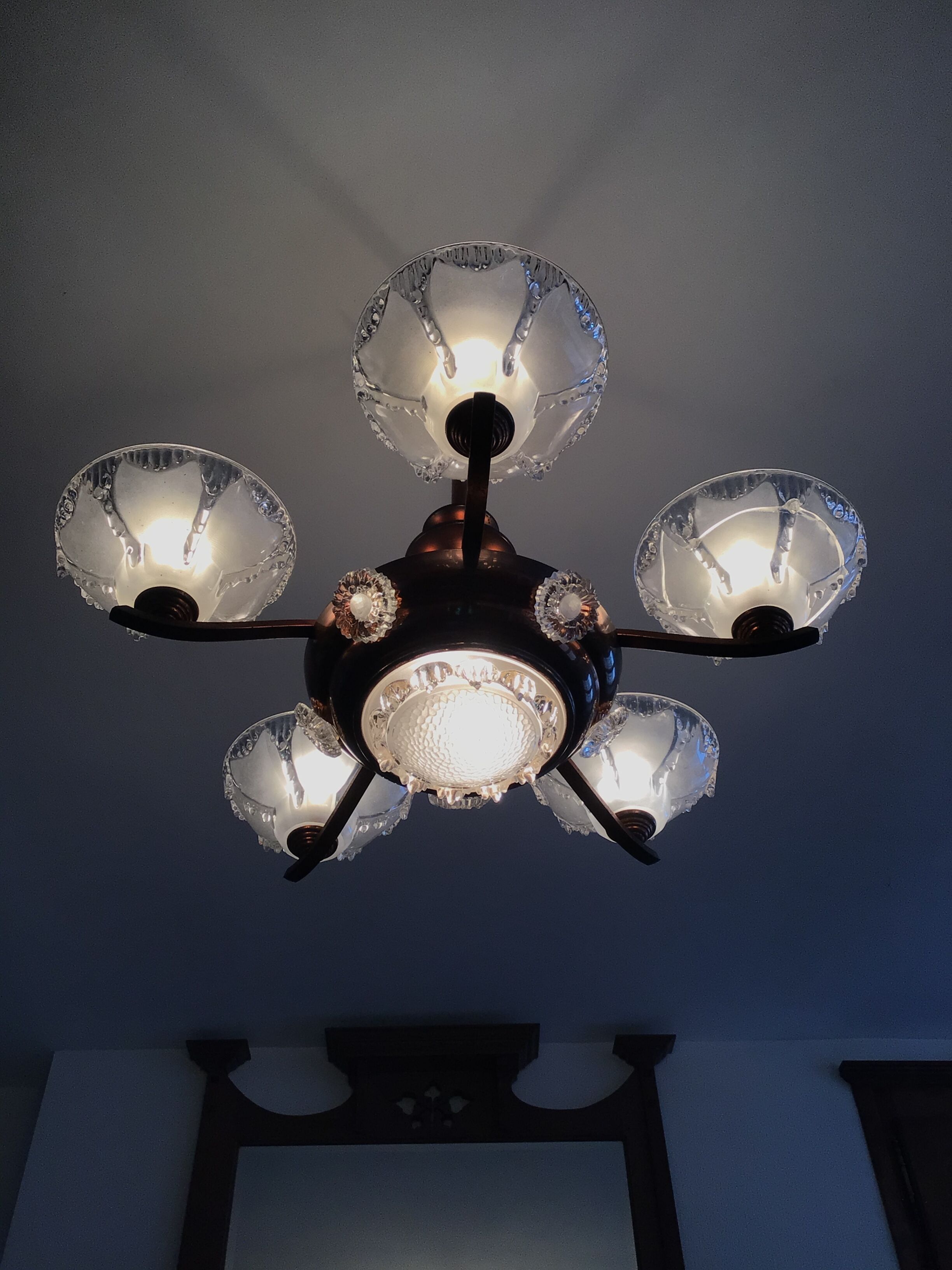 Copper chandelier and Art Deco glass paste Ezan