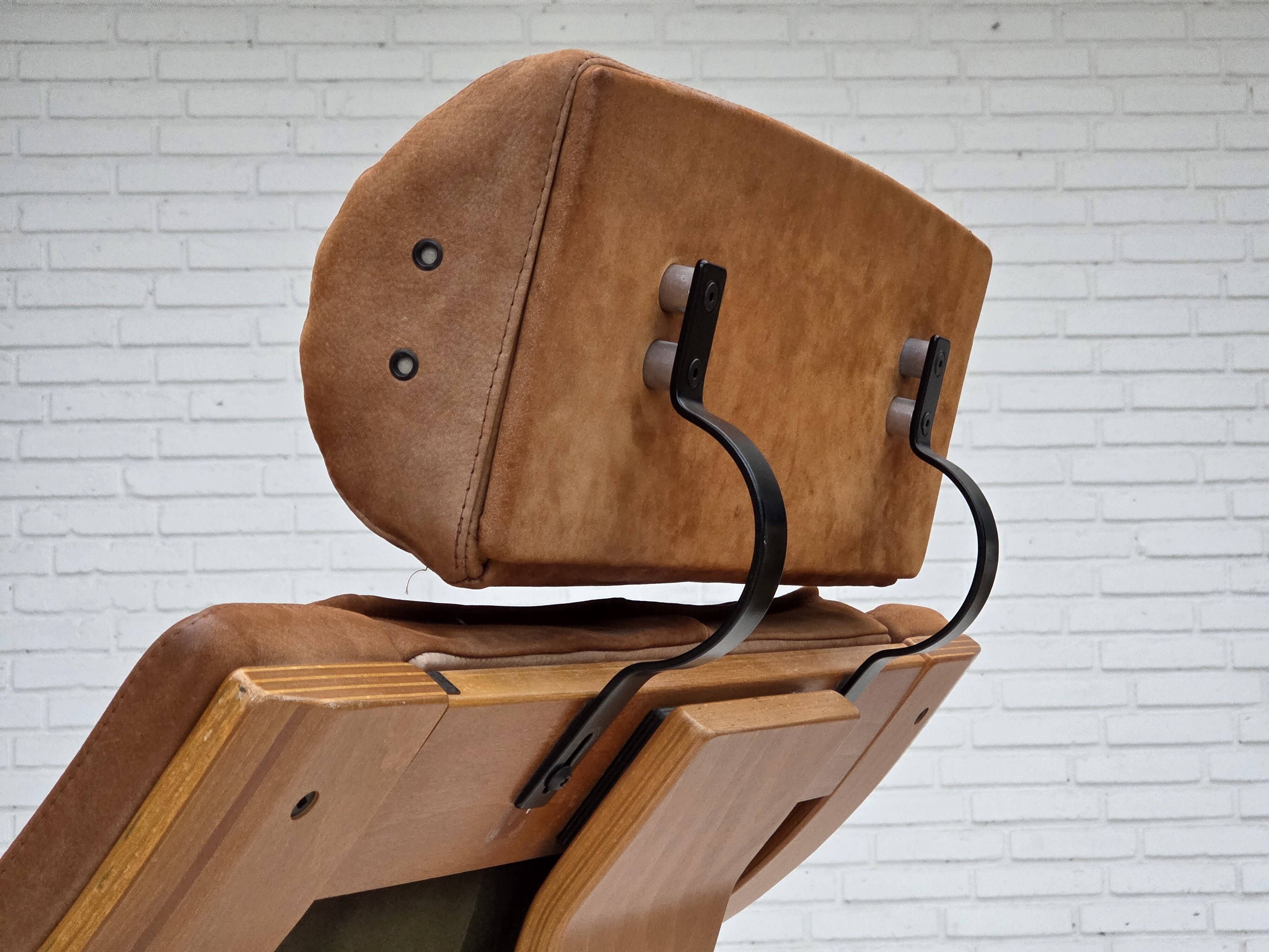 1980s, Swedish swivel armchair, nubuck leather, canvas, bent beech wood.