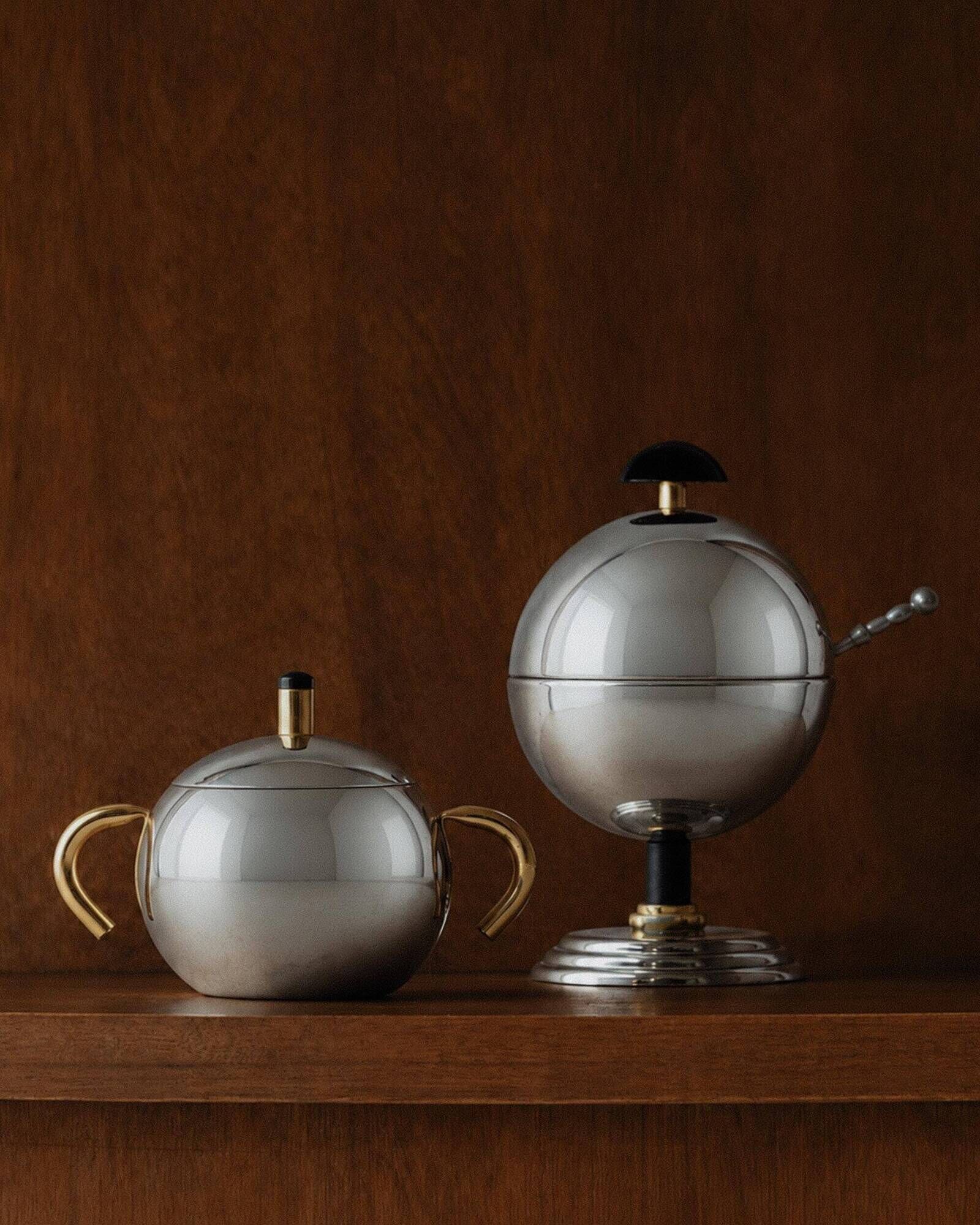 Vintage 1980s set of sugar or jam bowls, stainless steel and brass serving bowls, elegant postmodern tableware, breakfast service, gift idea.