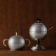 Vintage 1980s set of sugar or jam bowls, stainless steel and brass serving bowls, elegant postmodern tableware, breakfast service, gift idea.