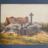 Huile sur carton 1930 représentant un calvaire breton et une chaumière