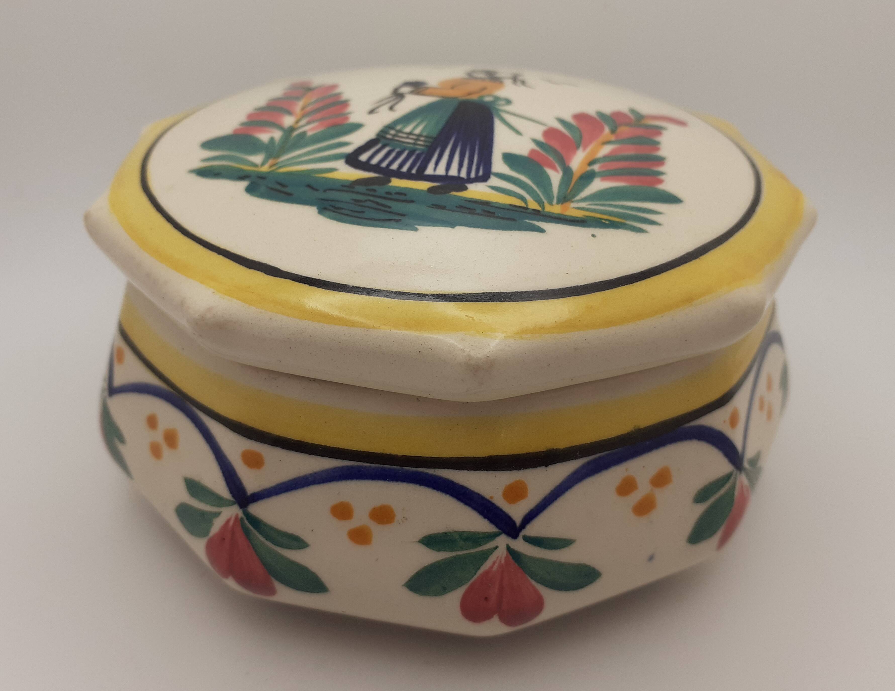 HB Quimper / Ceramic candy box / Hand-painted Breton character
