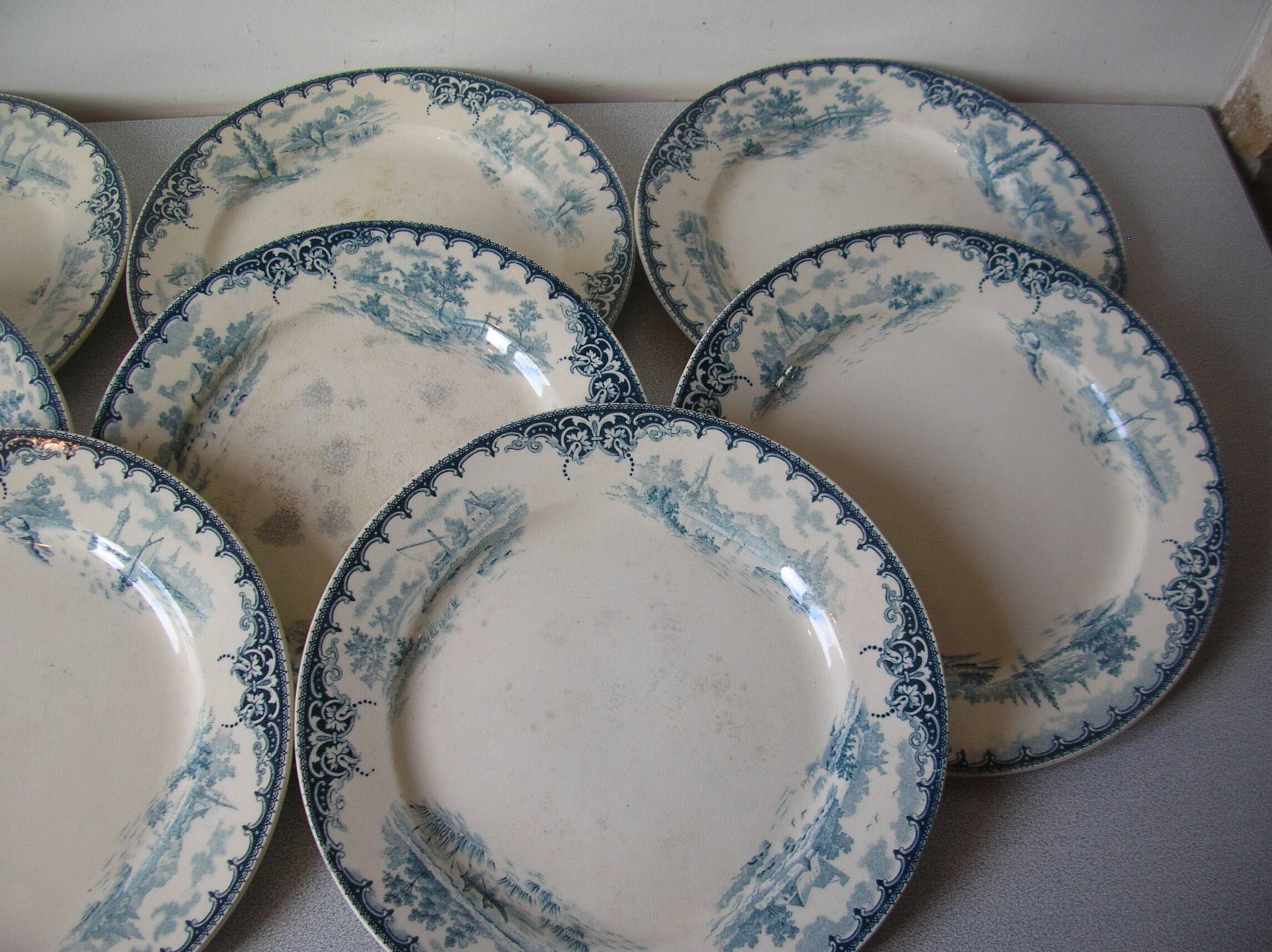 Lot of 8 old large Dépôt E. Bourgeois Paris earthenware plates 23 cm