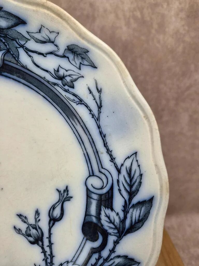 Antique English plate BWM & Co – Rose & Ivy pattern – registered 1868 – blue and black decoration.