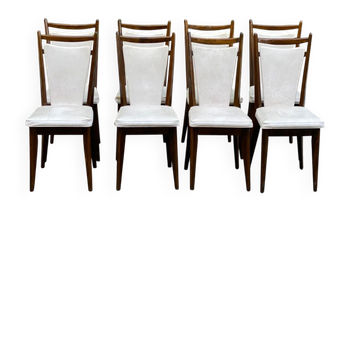 8 Scandinavian chairs in Italian style, wood and white leather, 1950.