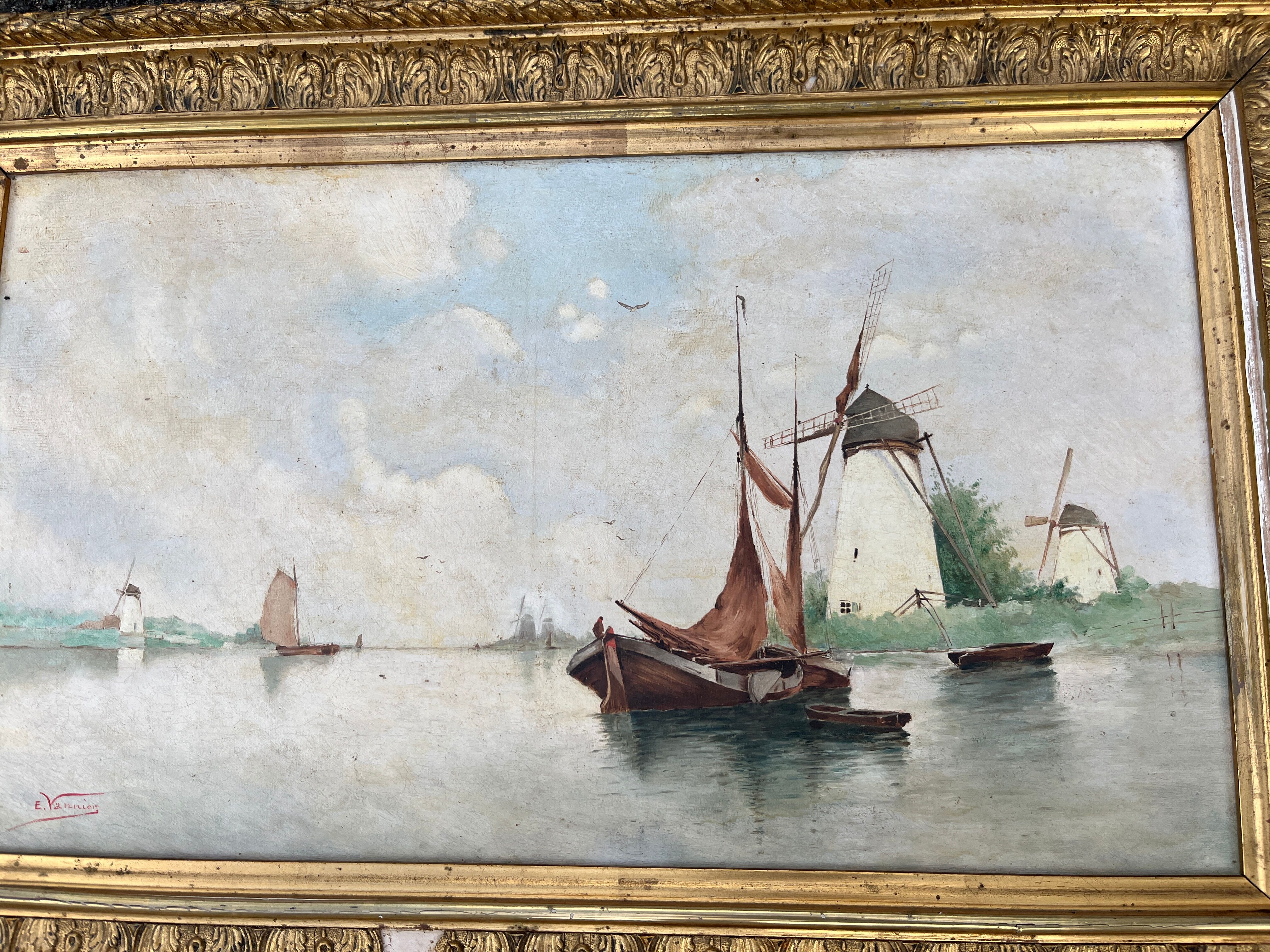 Tableau Marine Xix - Landscape of Mills and Boats - Signed E. Vannier