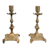 Paire de Bougeoir Laiton Doré Néo Renaissance Napoléon III Décor Cygne
