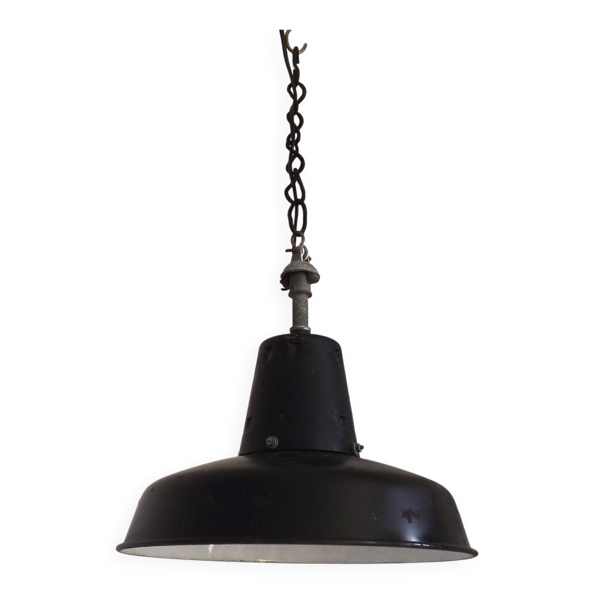 Enameled pendant workshop “reflecto-lux” hanging light, 1950s france