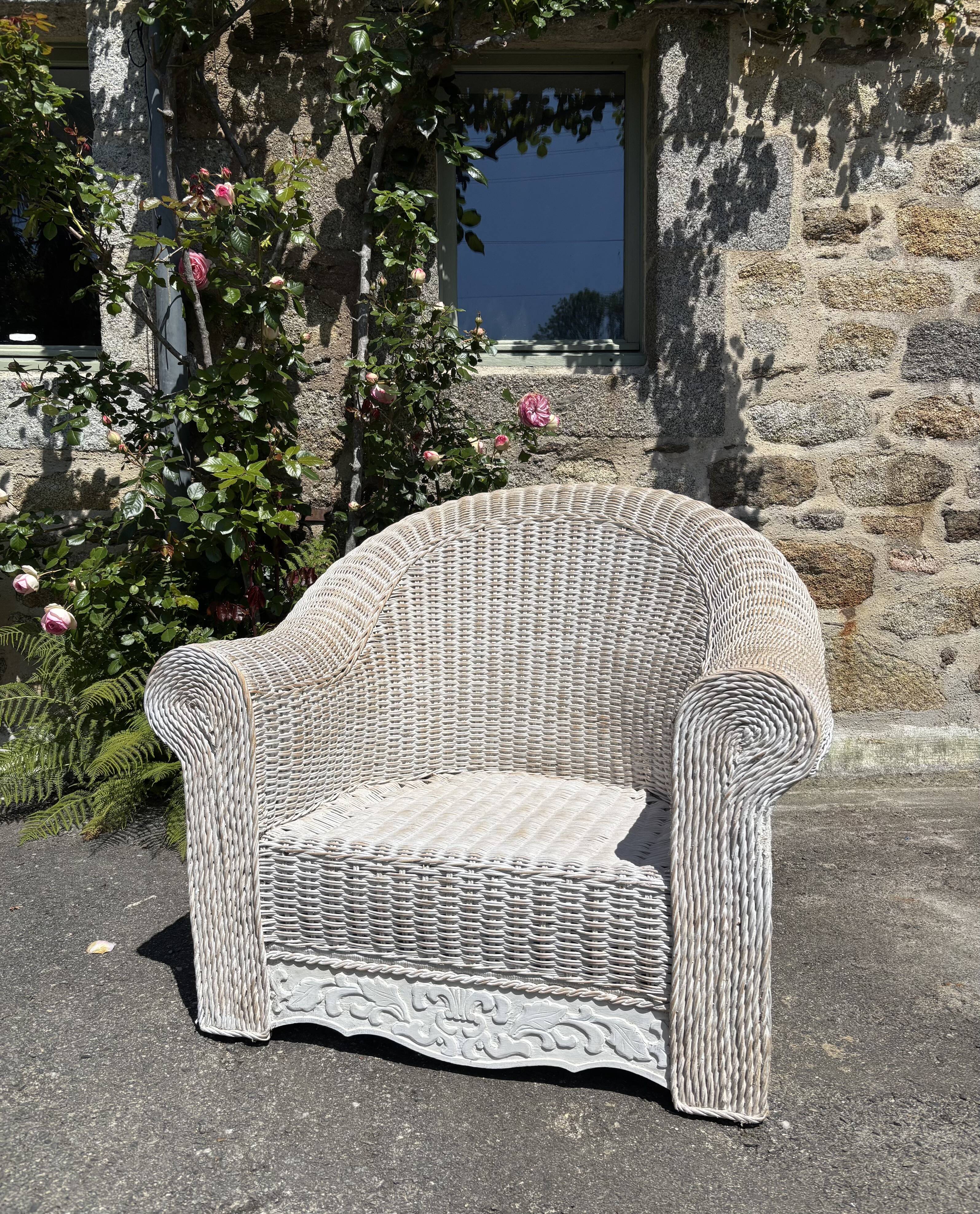 Large painted wicker armchair, 20th century, winter garden
