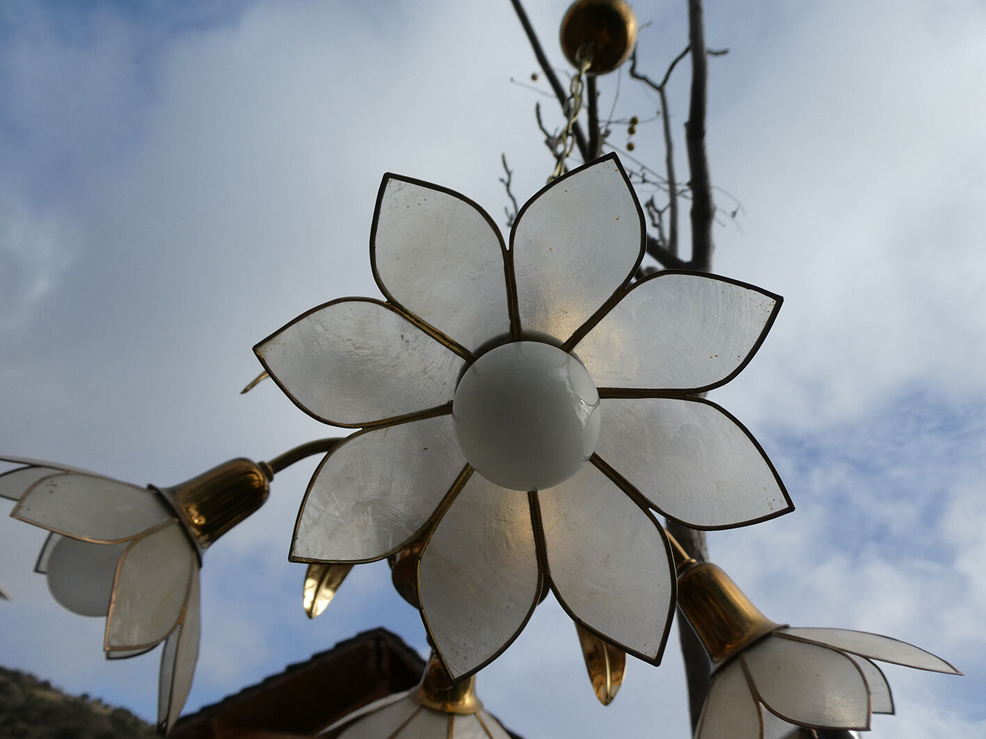 Brass chandelier and flowers in mother-of-pearl petals