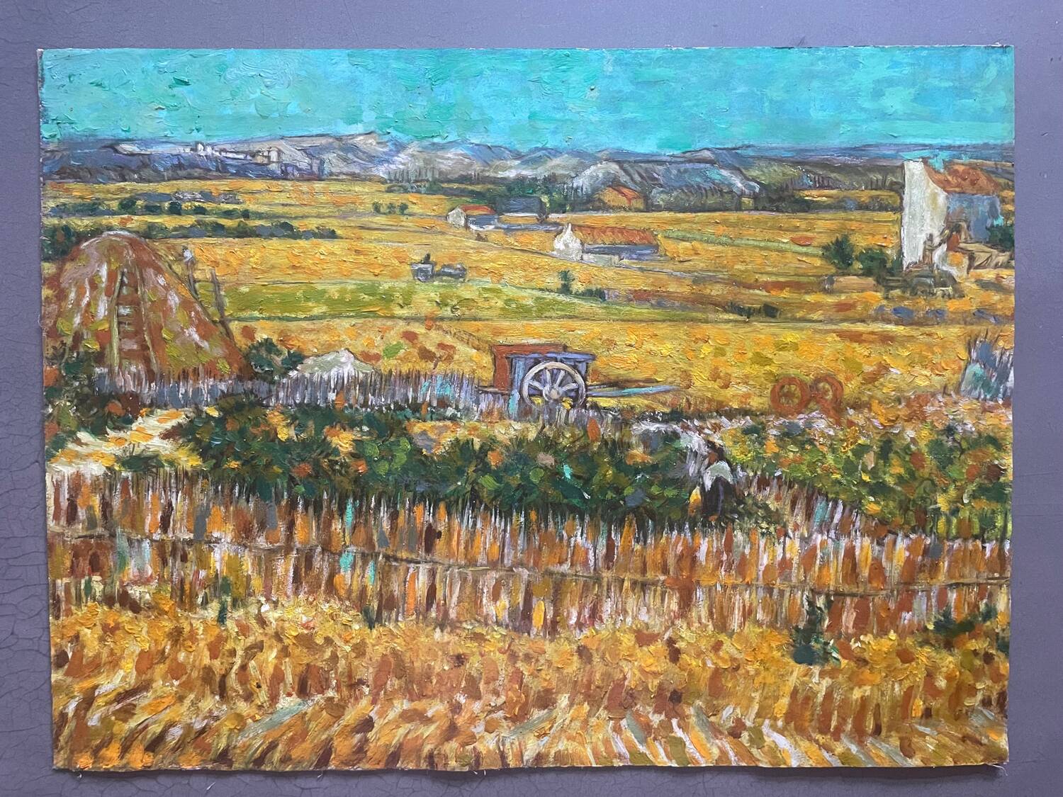 Antique painting of a harvest landscape 20th century