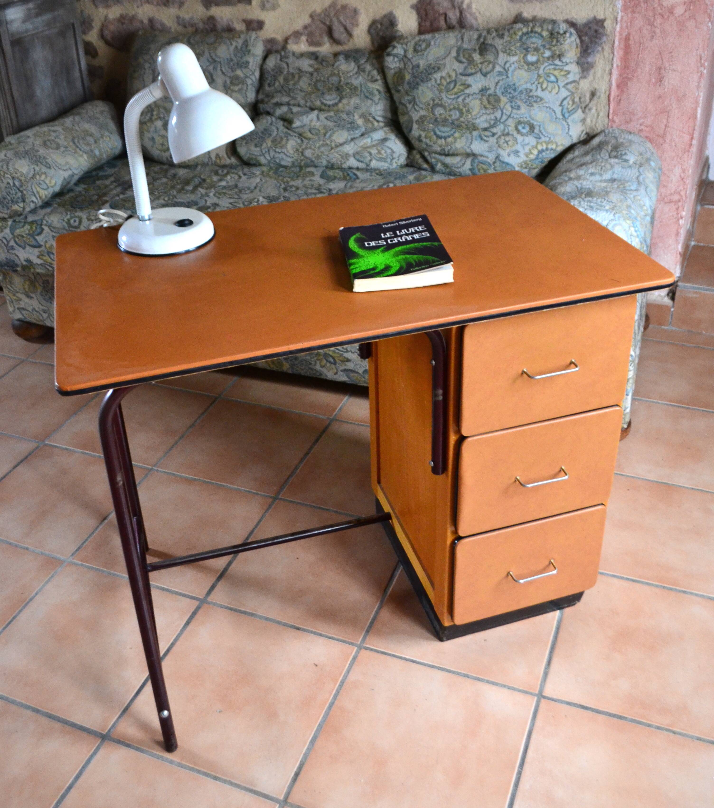 Beech desk with orange faux leather, 3 drawers, 1960s-70s.