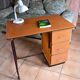 Beech desk with orange faux leather, 3 drawers, 1960s-70s.