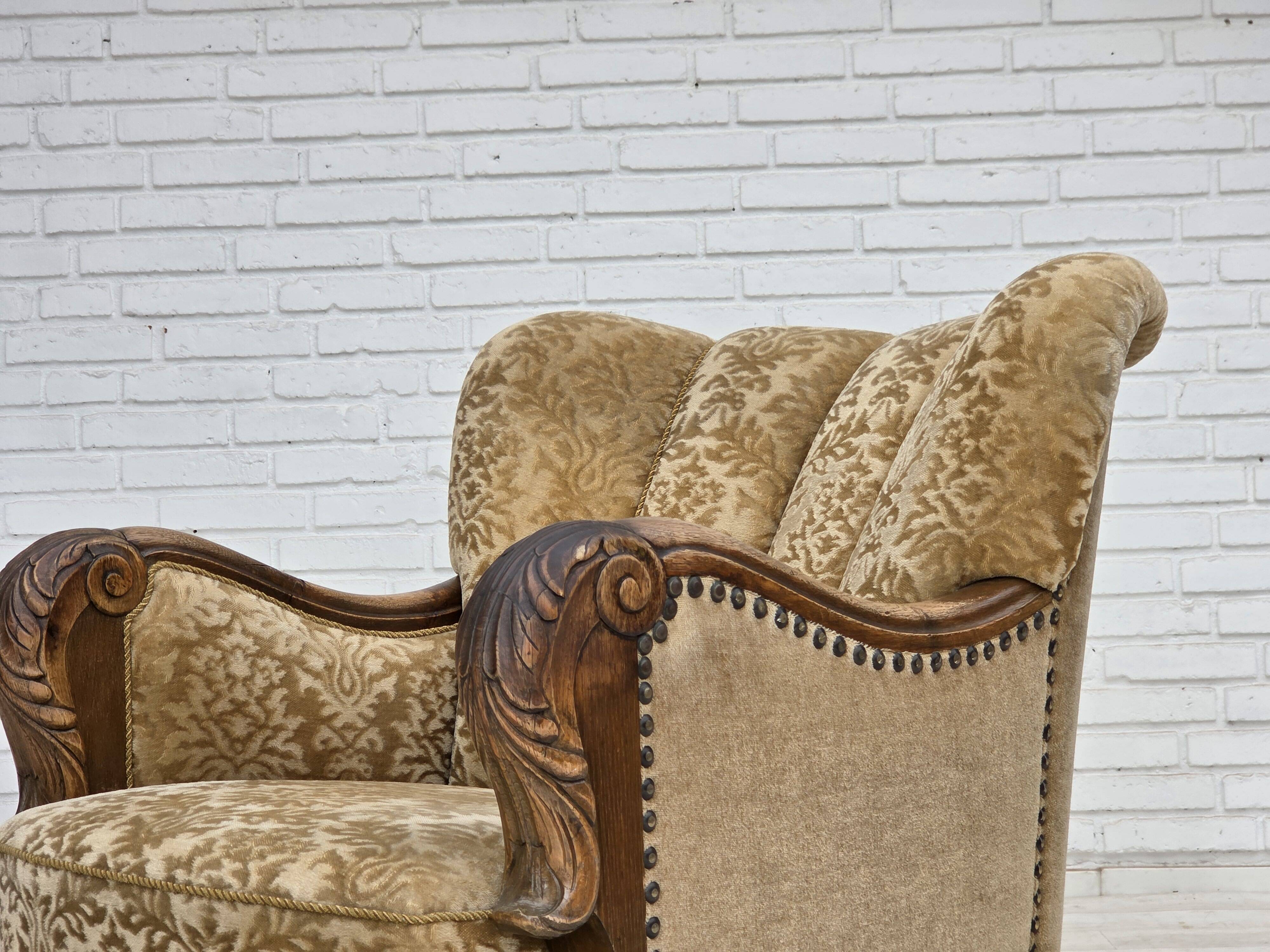 1950s, Danish relax armchair, furniture velour, carved oak wood.