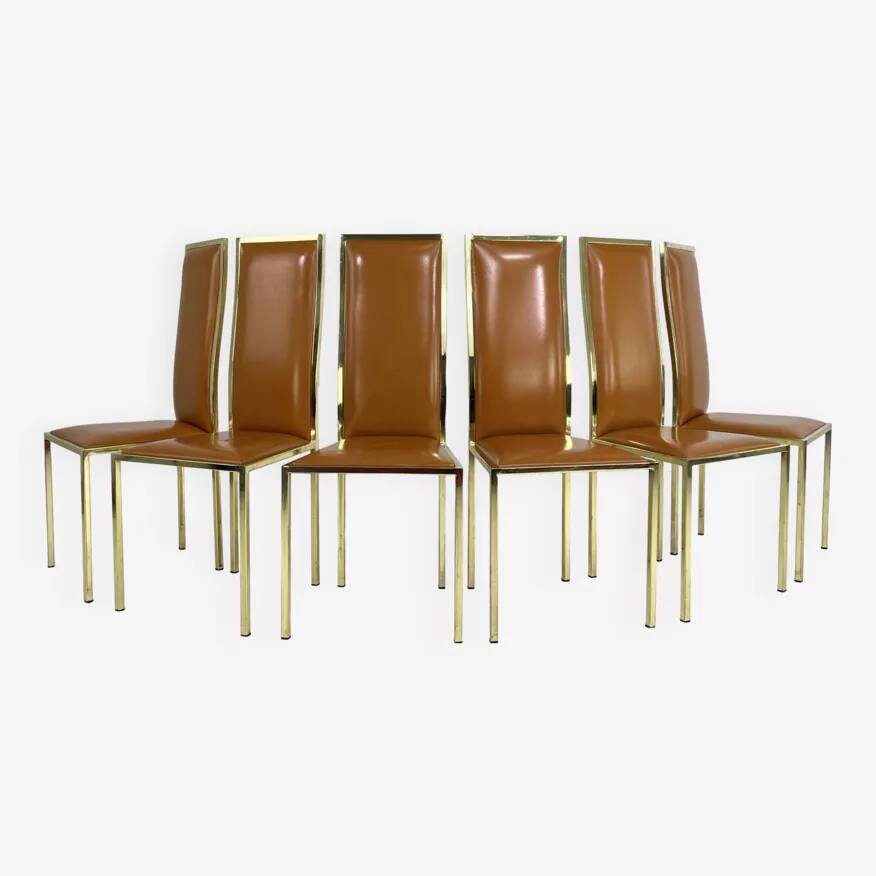 Set of 6 brass and leather chairs, Italian design from the 70s