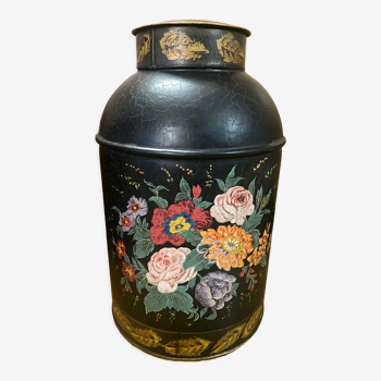 Boîte à thé XXL en métal tôle peinte décor de fleurs