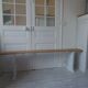 Farm bench, end of bed leg patinated pearl gray, wooden seat