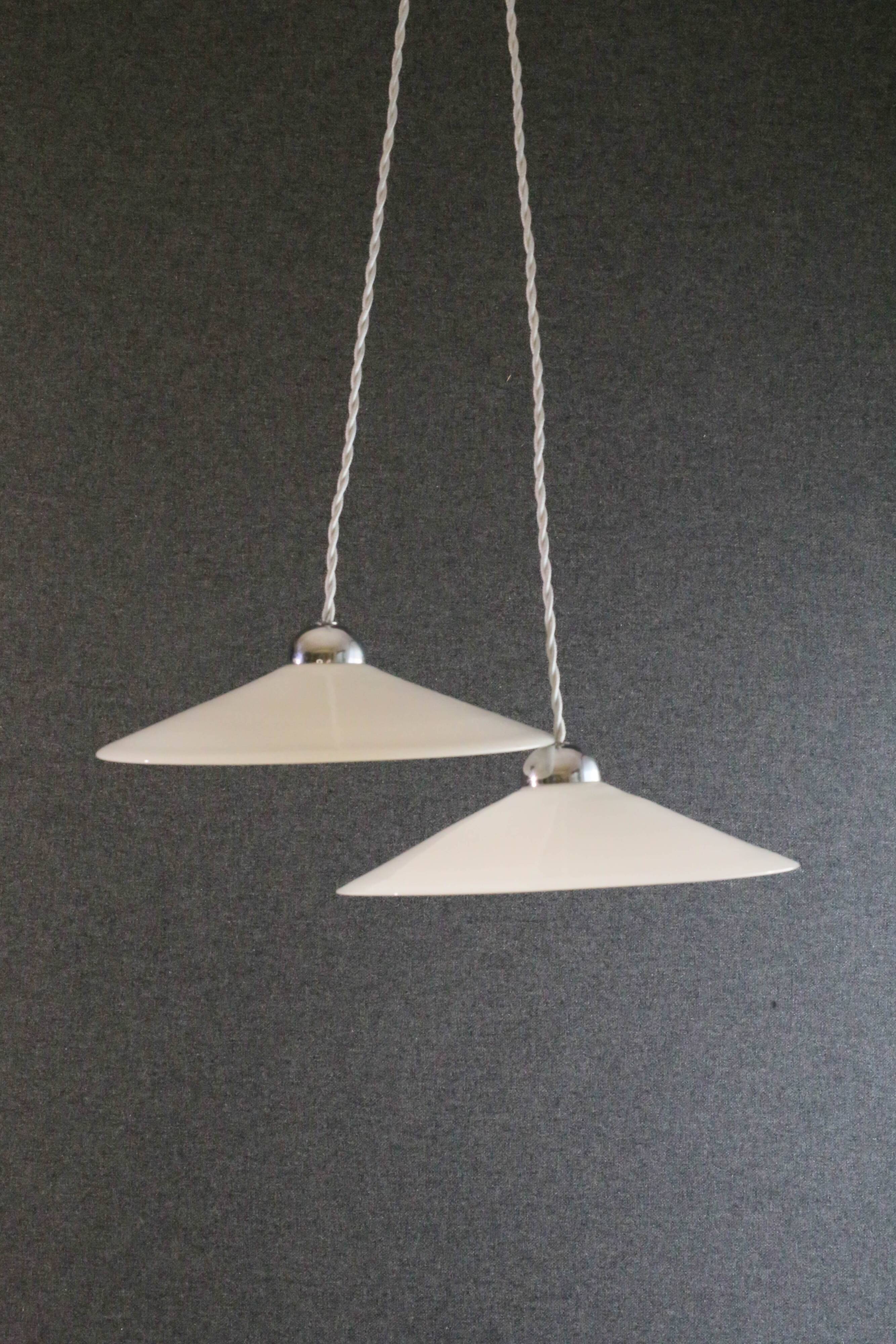 Set of 2 white opaline pendant lights with b22 socket and chrome socket cover