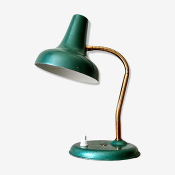 50's 50's green metal articulated desk lamp and golden flexible foot