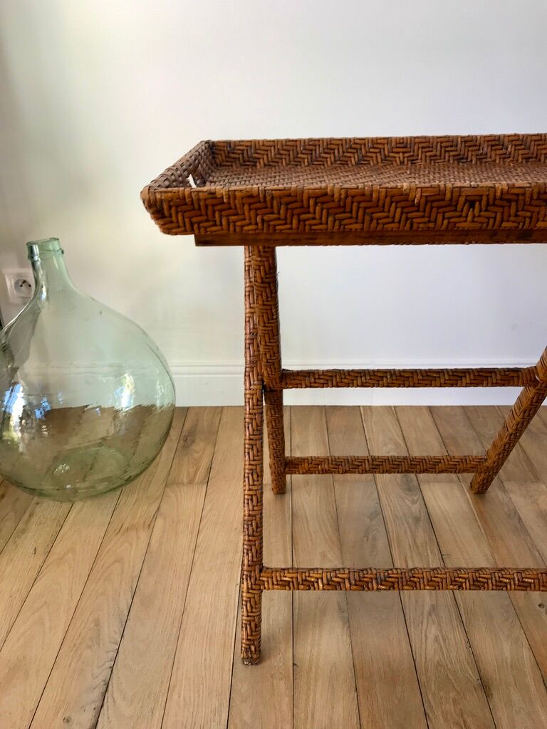 Rattan console exotic wood vintage removable tray 70s