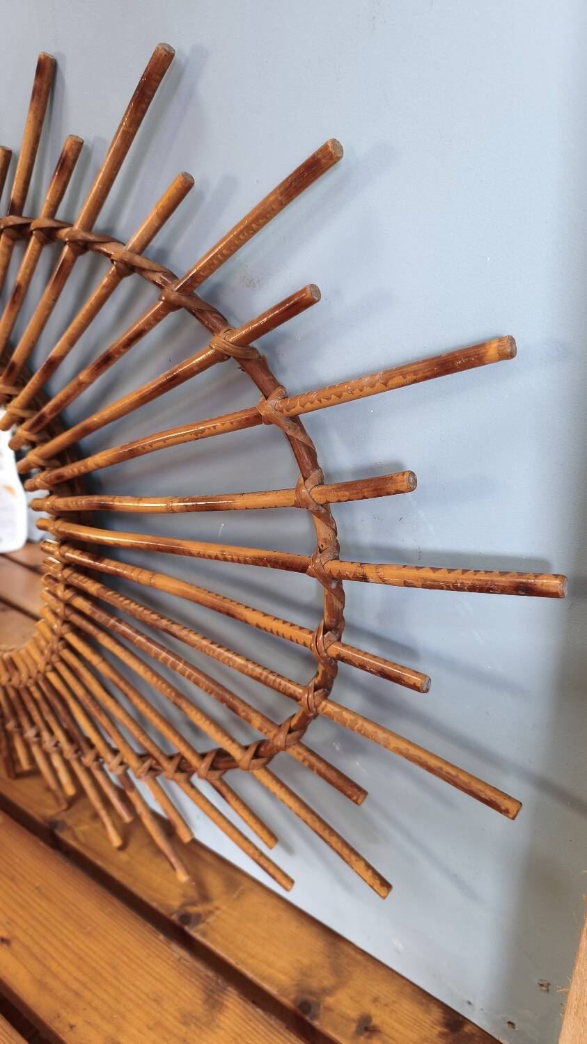 Asymmetrical sun mirror in rattan - vintage 1960s